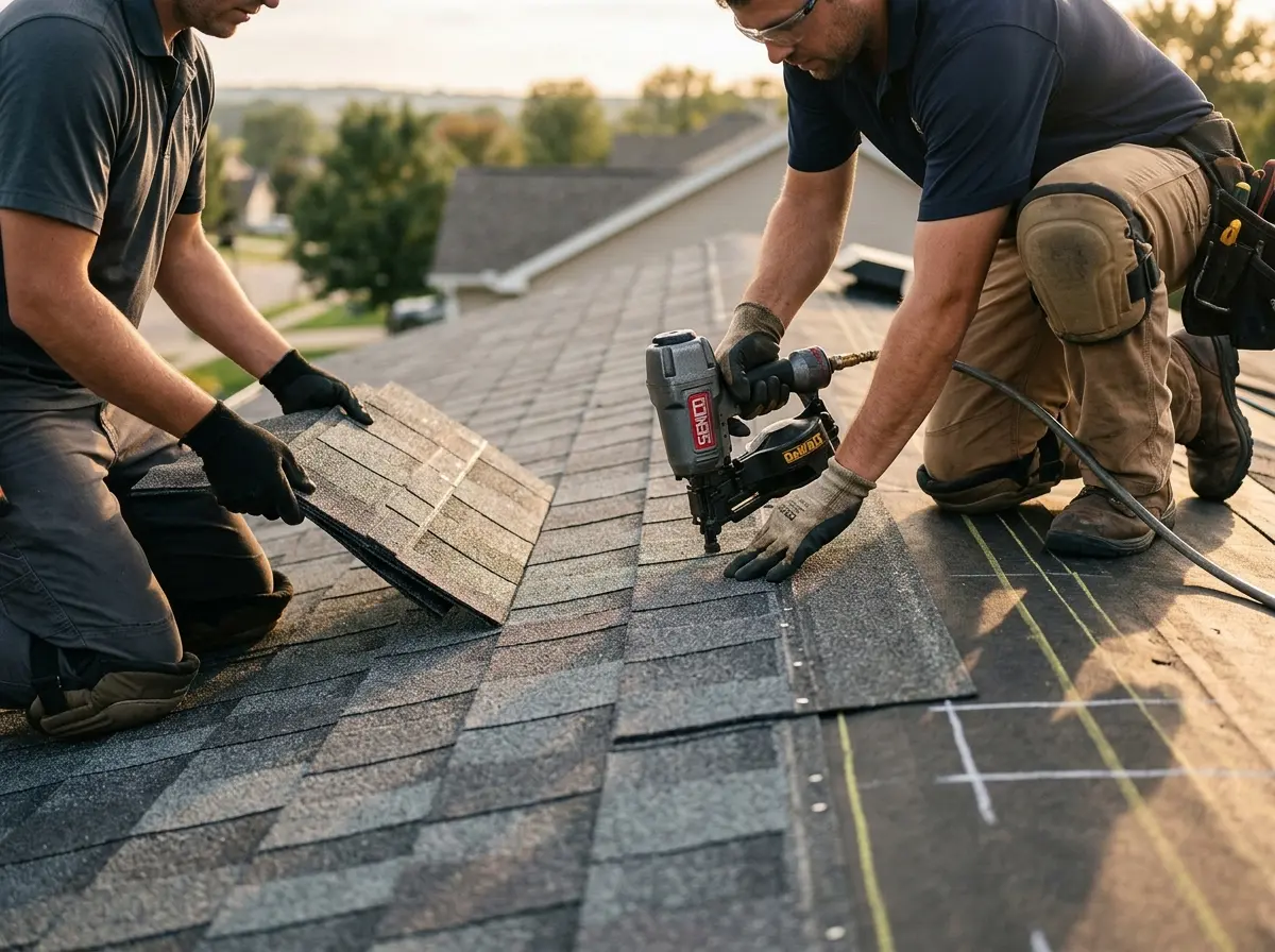 Professional roofer working on a residential roof in Chippewa